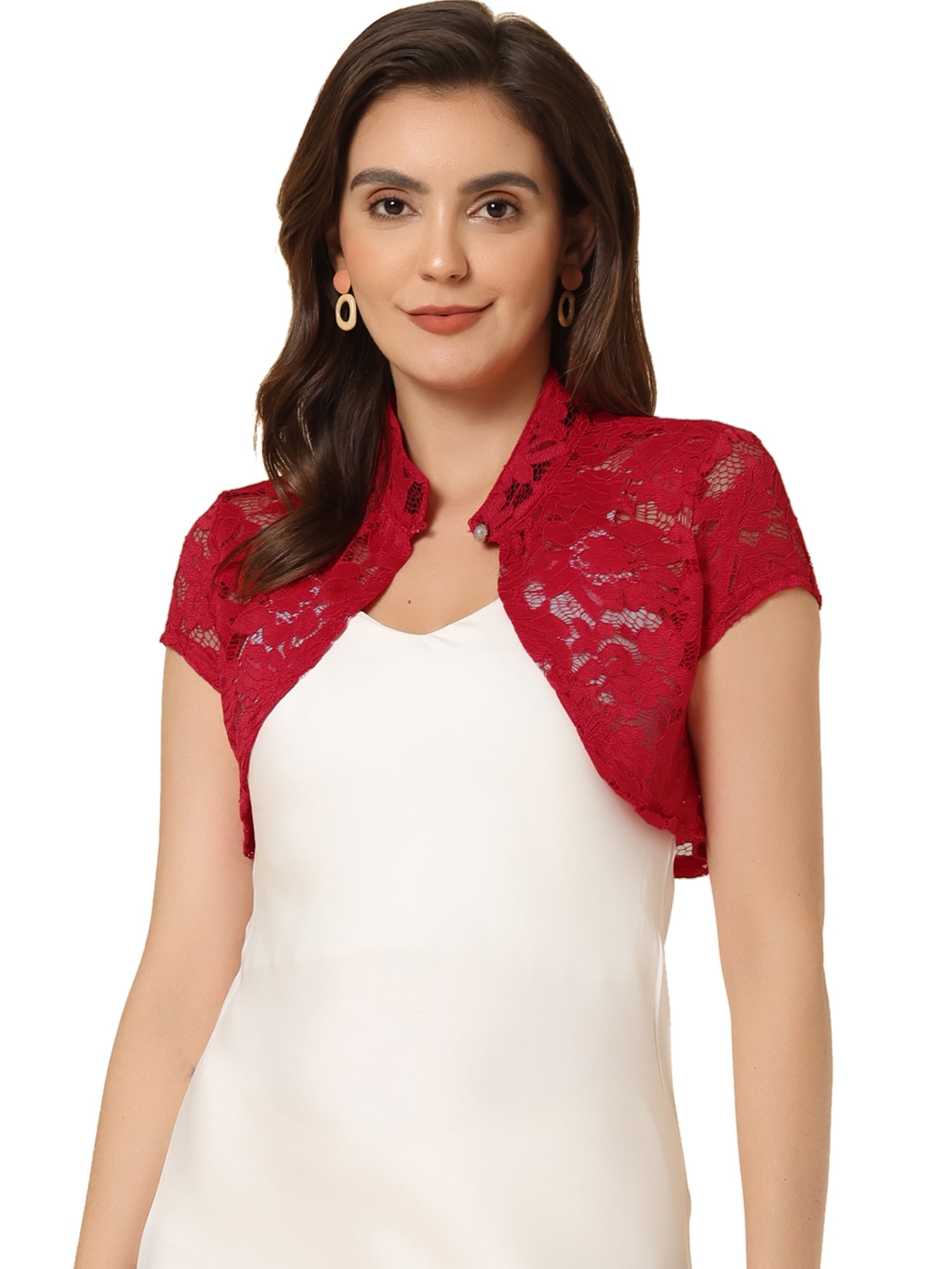 DARING DIVA Lace Cardigan Stand Collar Short Elegant Shrug L Red