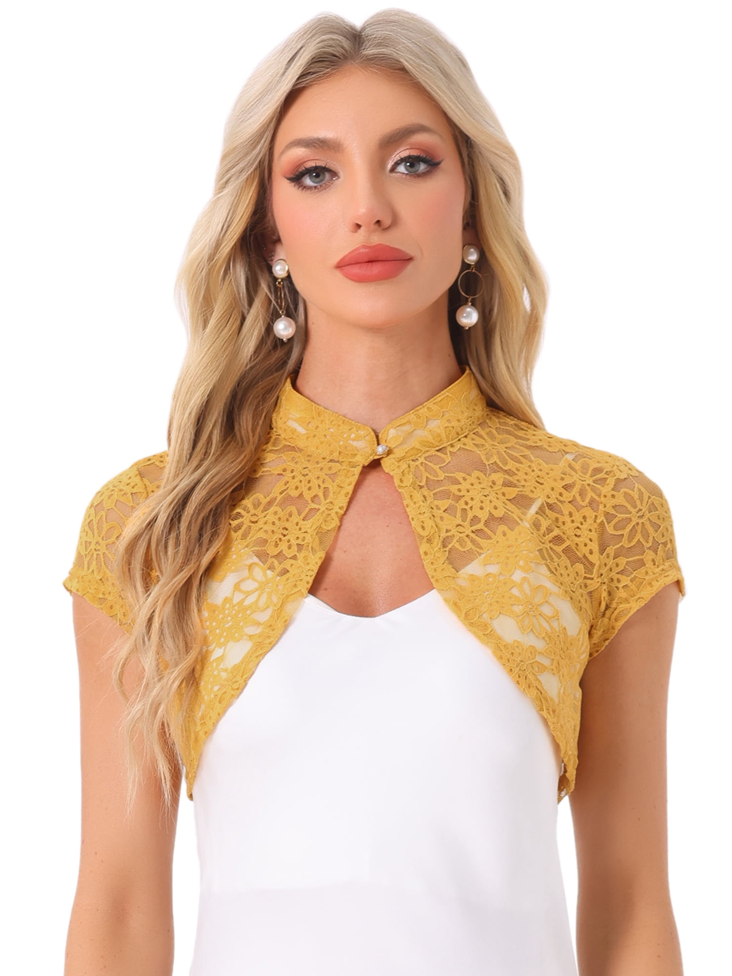 DARING DIVA Lace Cardigan Stand Collar Short Elegant Shrug M Yellow