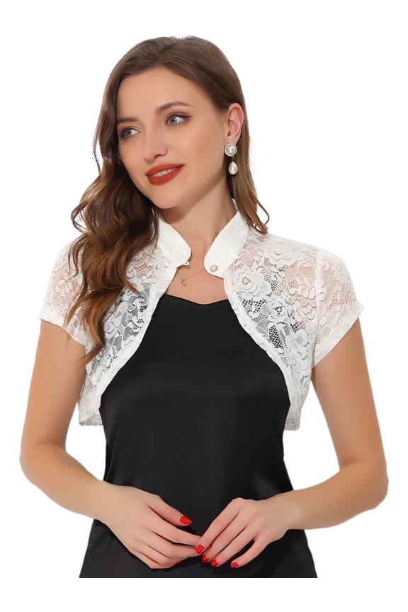 Lace Cardigan Stand Collar Short Elegant Shrug S White