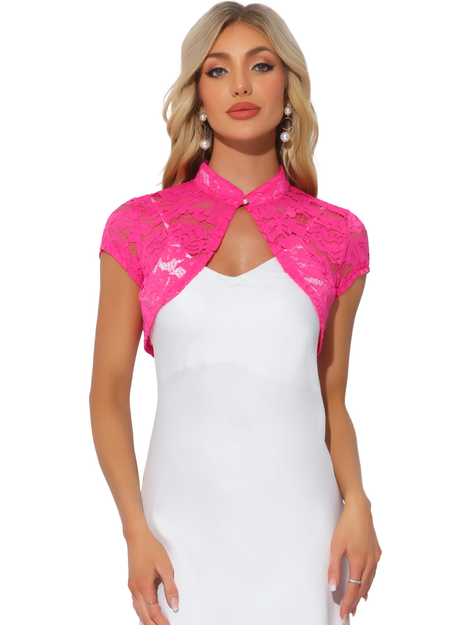 DARING DIVA Lace Cardigan Stand Collar Short Elegant Shrug XL Hot Pink