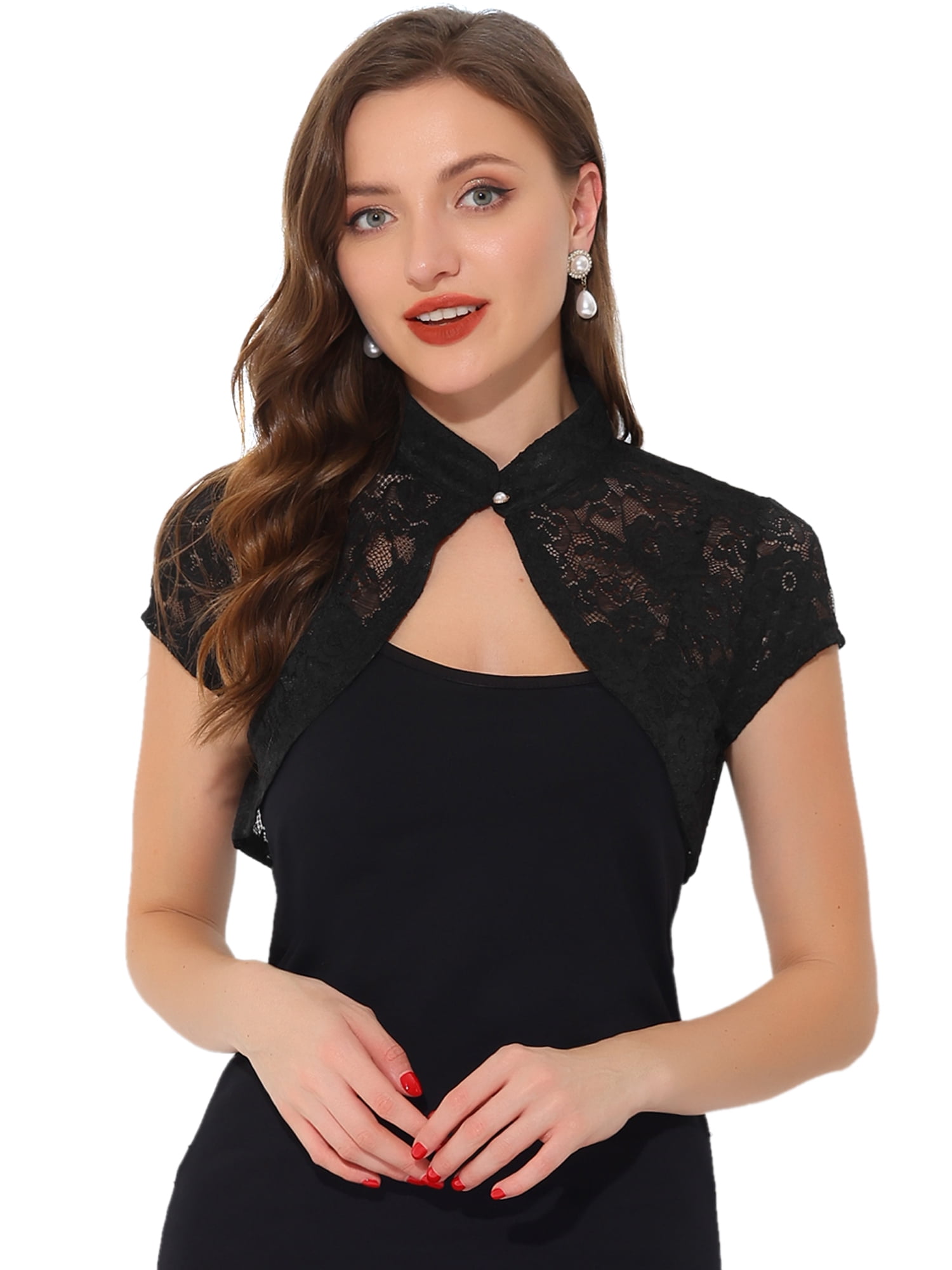 DARING DIVA Lace Cardigan Stand Collar Short Elegant Shrug XS Black