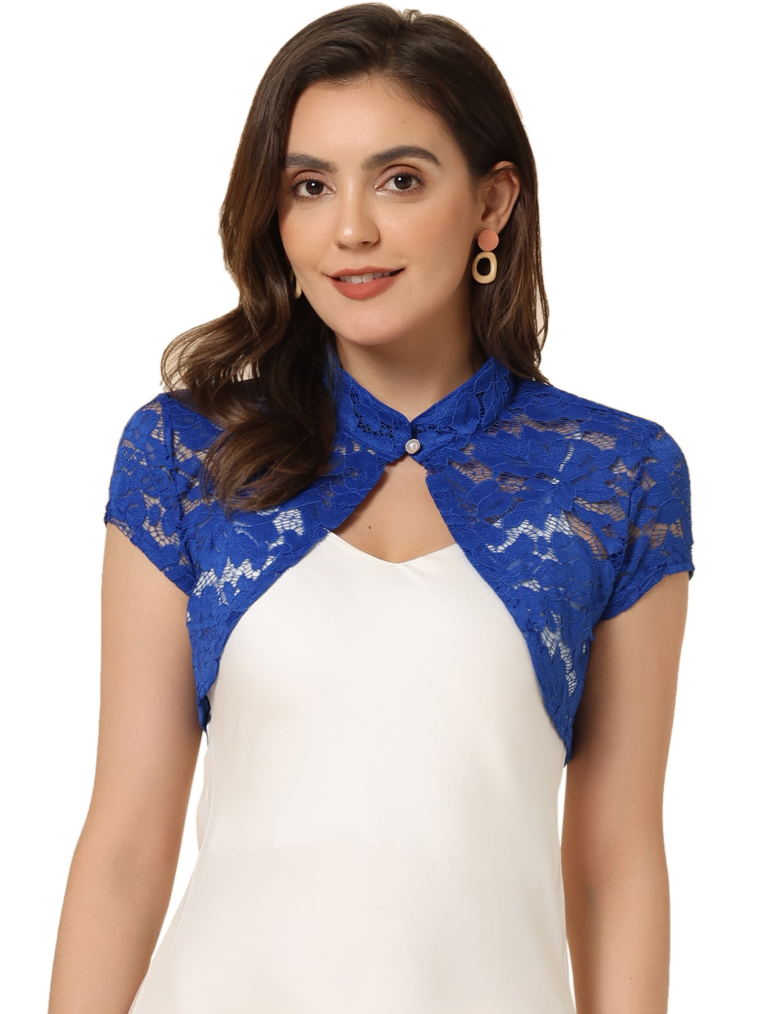 DARING DIVA Lace Cardigan Stand Collar Short Elegant Shrug XS Royal Blue