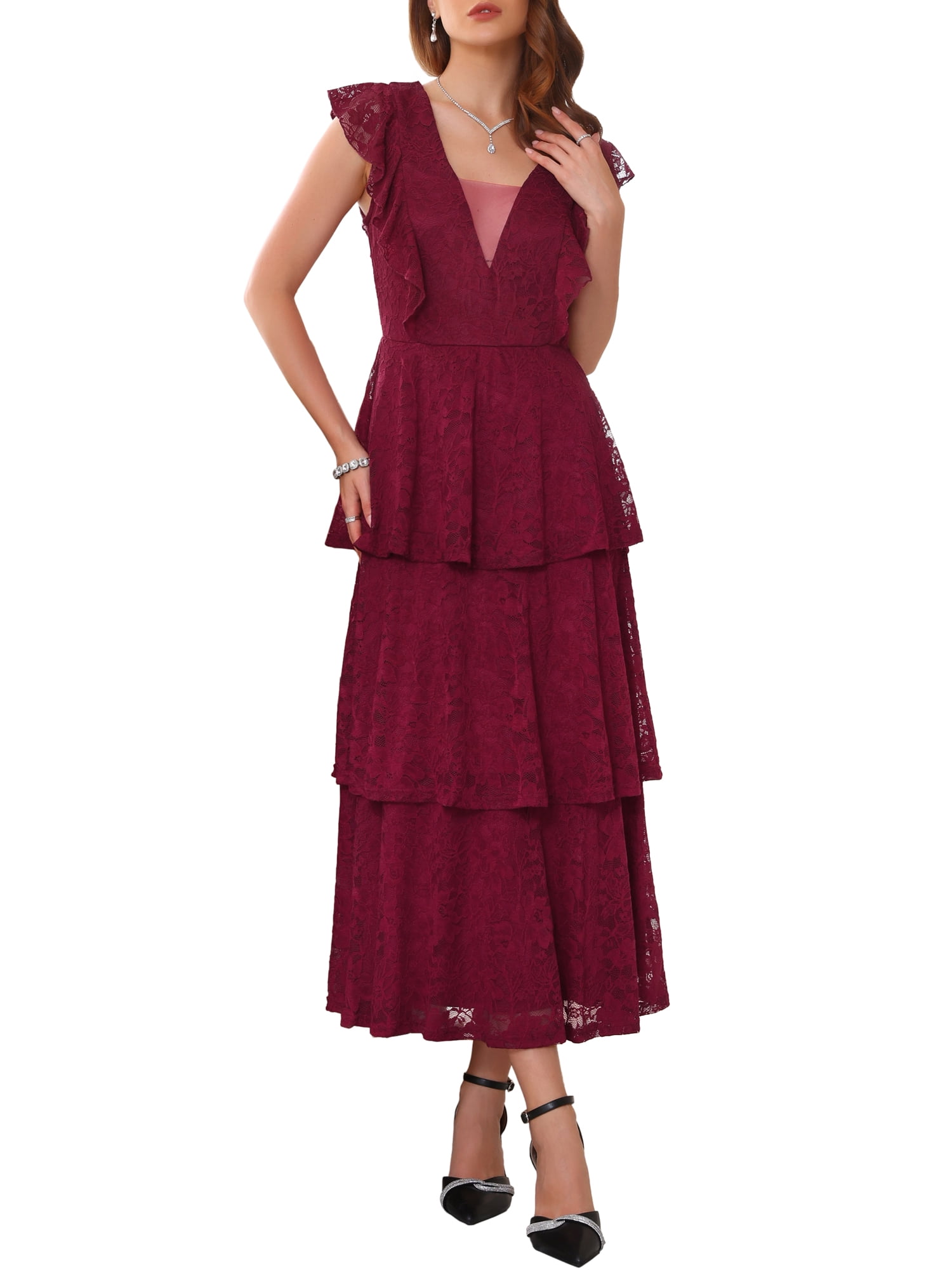 DARING DIVA Women's Wedding Guest Cocktail Ruffle Cap Sleeves Dress L Burgundy