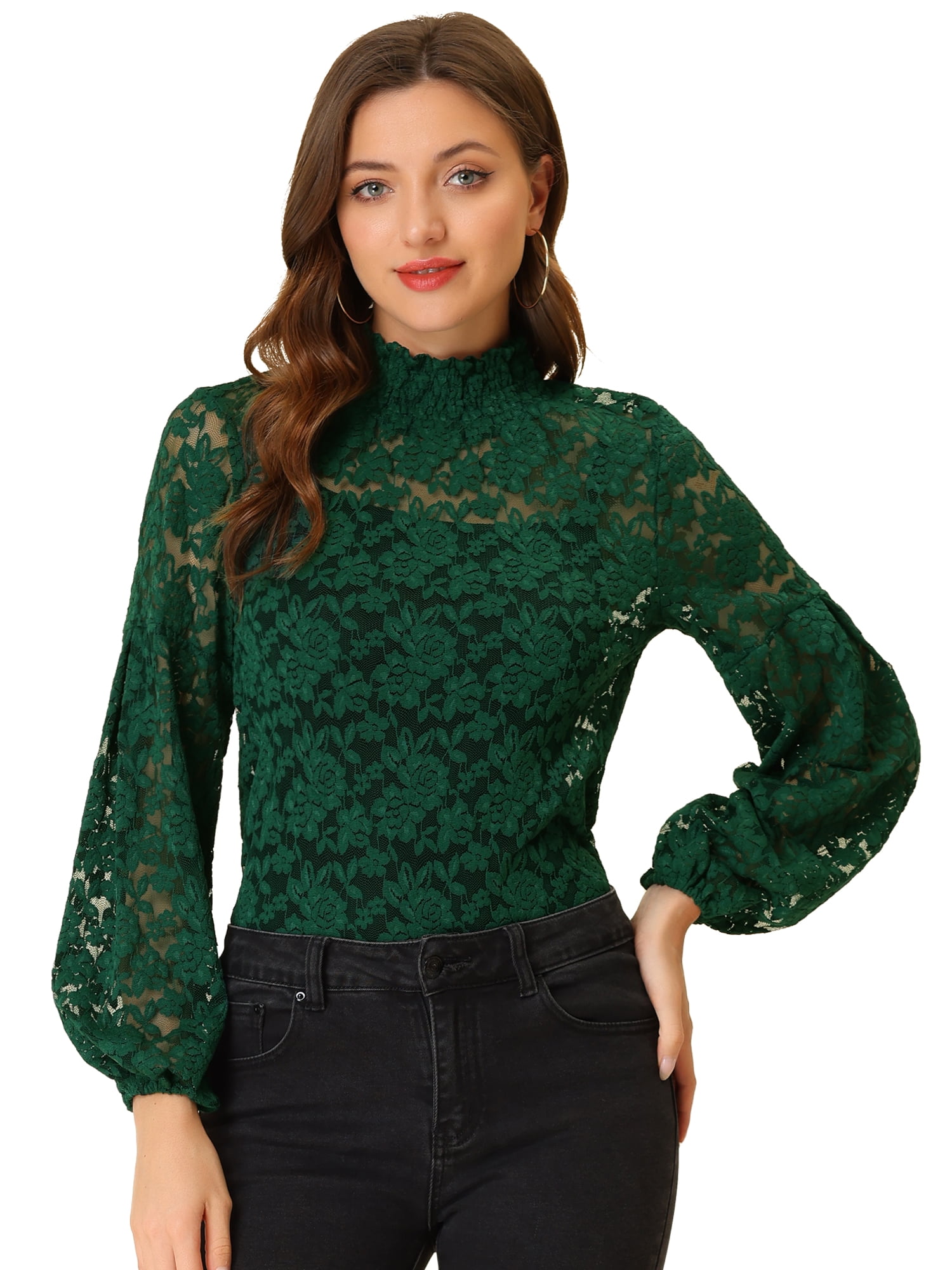 DARING DIVA Lace Elastic Cuff Long Sleeves Vintage Blouse M Dark Green