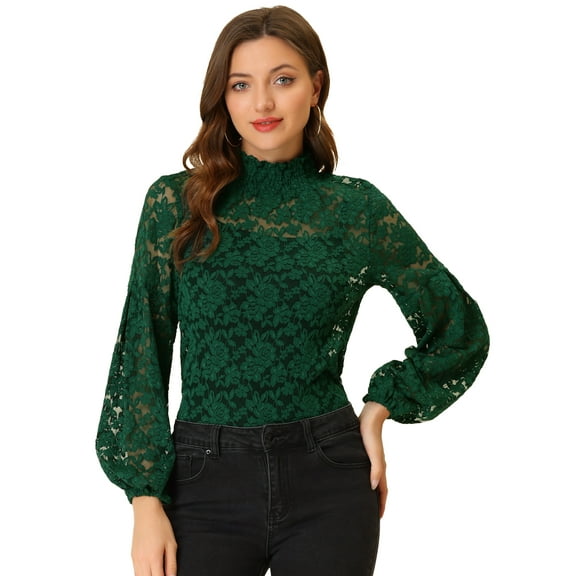 DARING DIVA Lace Elastic Cuff Long Sleeves Vintage Blouse M Dark Green