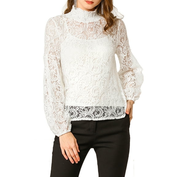 DARING DIVA Lace Elastic Cuff Long Sleeves Vintage Blouse M White
