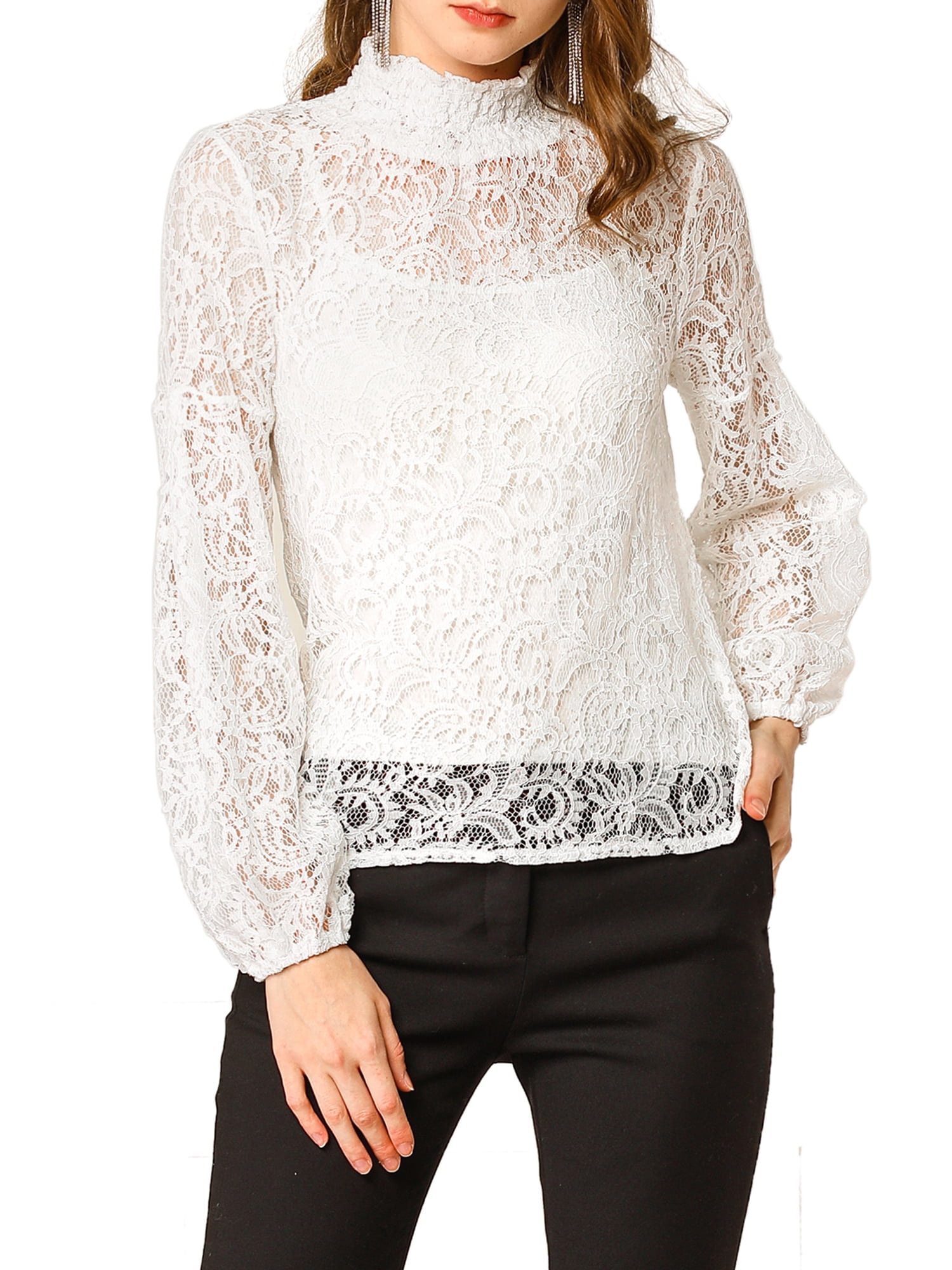 DARING DIVA Lace Elastic Cuff Long Sleeves Vintage Blouse S White