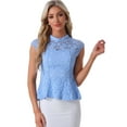 thumbnail image 1 of DARING DIVA Lace Floral Crochet Round Neck Peplum Blouse S Sky Blue, 1 of 6