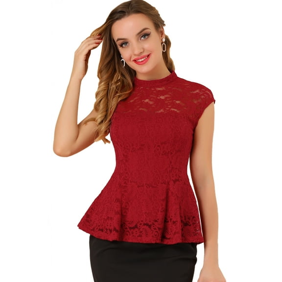 DARING DIVA Lace Floral Crochet Sleeveless Peplum Blouse M Red
