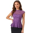 thumbnail image 1 of DARING DIVA Lace Floral Crochet Sleeveless Peplum Blouse XS Dark Purple, 1 of 6
