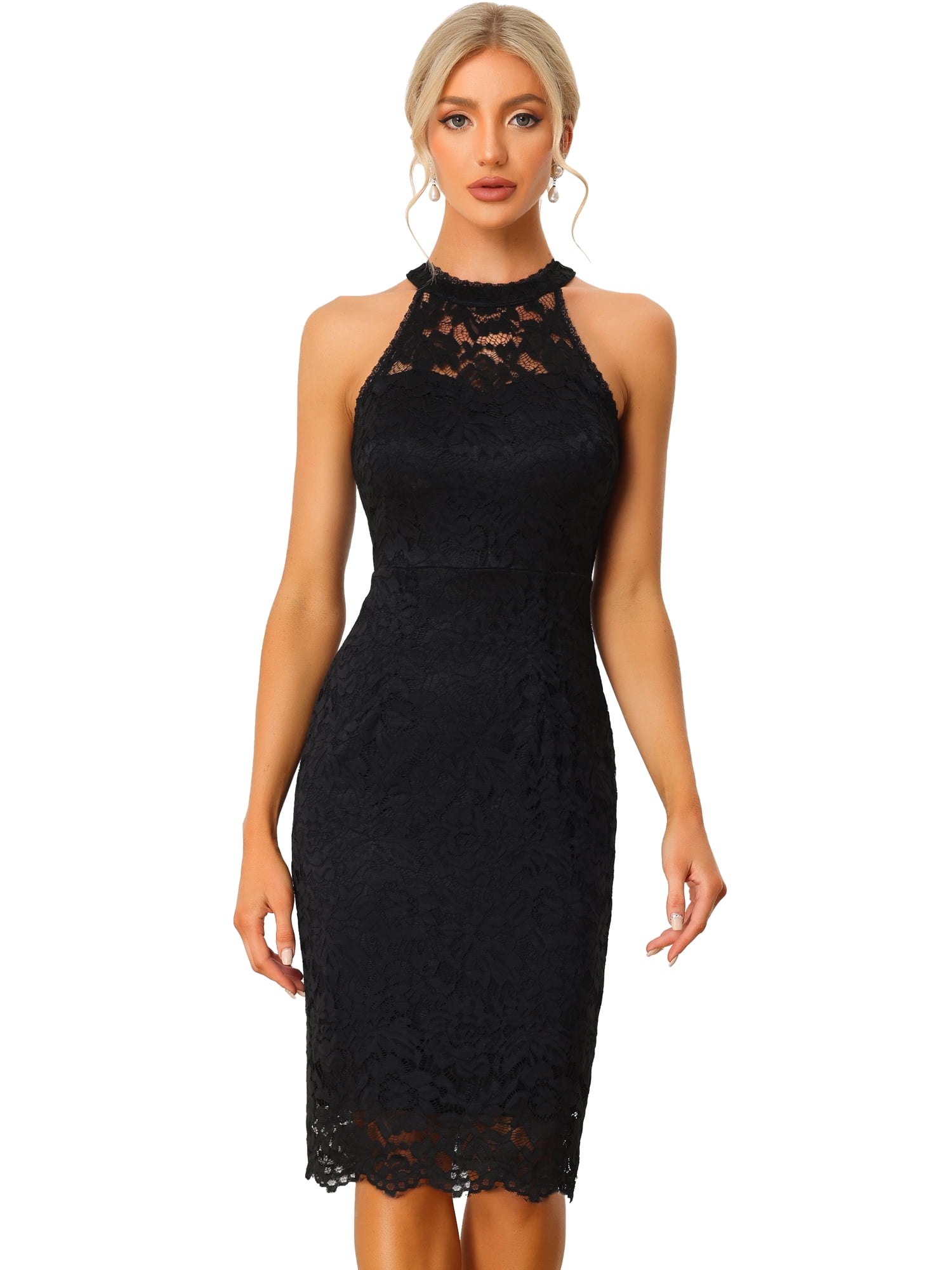 DARING DIVA Lace Halter Neck Sleeveless Bodycon Cocktail Sheath Dress L  Black