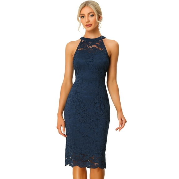 DARING DIVA Lace Halter Neck Sleeveless Bodycon Cocktail Sheath Dress S Dark Blue