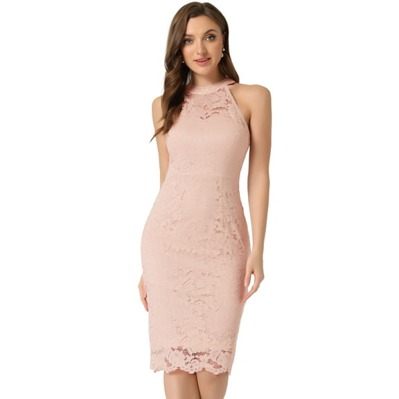 DARING DIVA Lace Halter Neck Sleeveless Bodycon Cocktail Sheath Dress S Light Pink