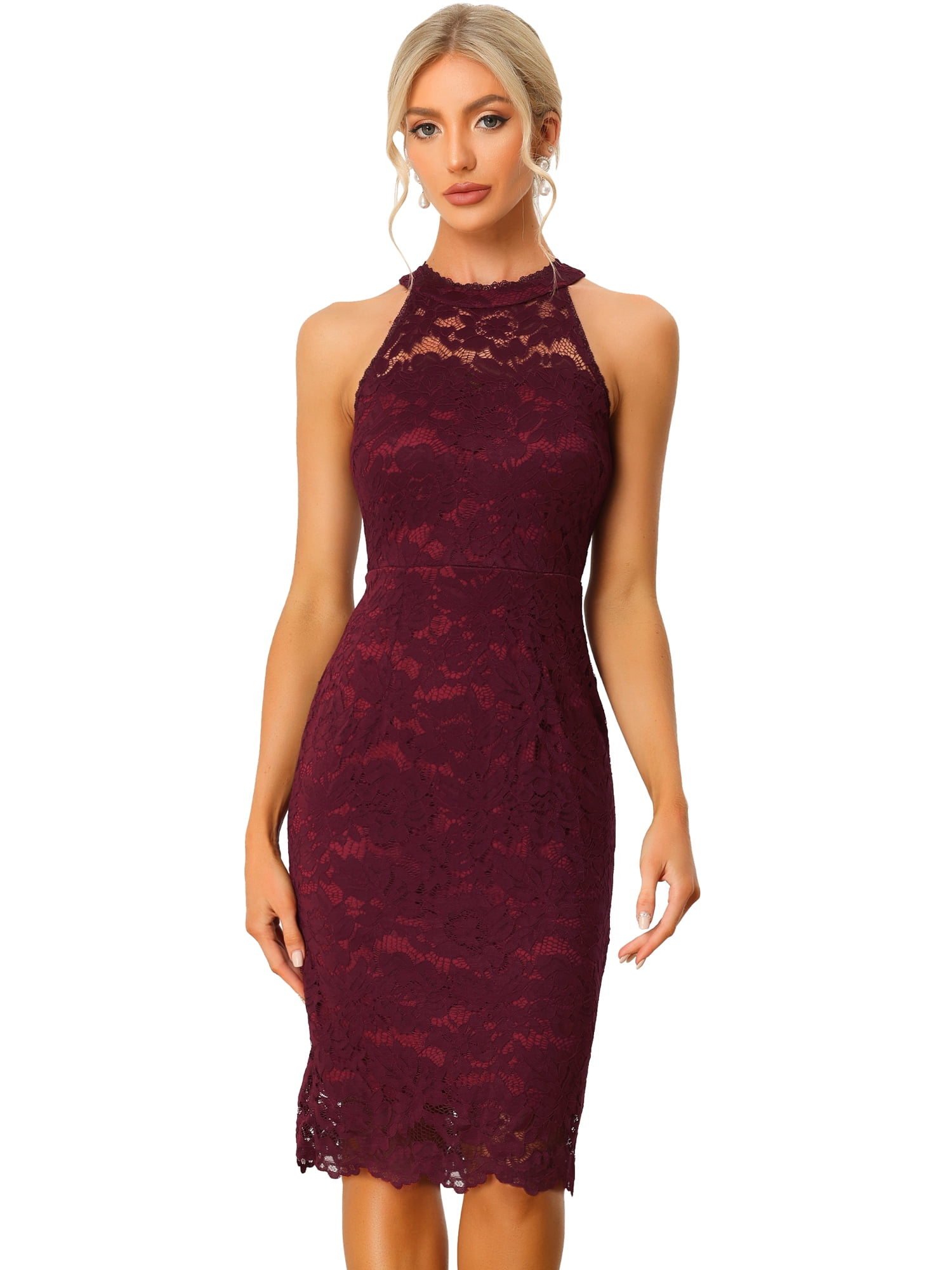 DARING DIVA Lace Halter Neck Sleeveless Bodycon Cocktail Sheath Dress XS Burgundy