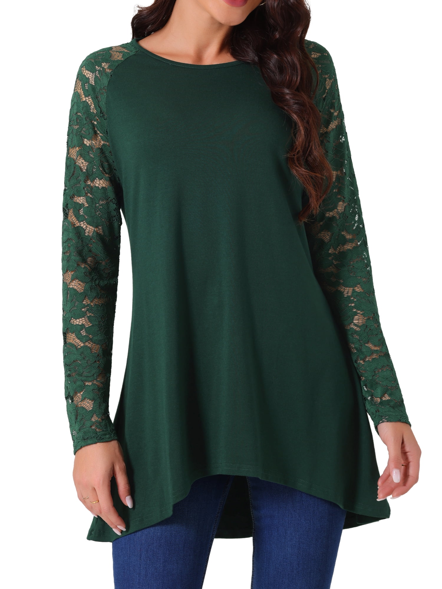 DARING DIVA Lace High Low Shirts Fall Blouse  L Dark Green