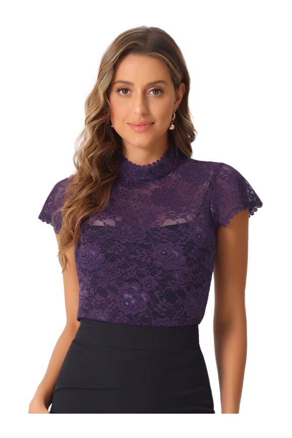 Lace Keyhole Back Fitted Semi Sheer Top XL Purple