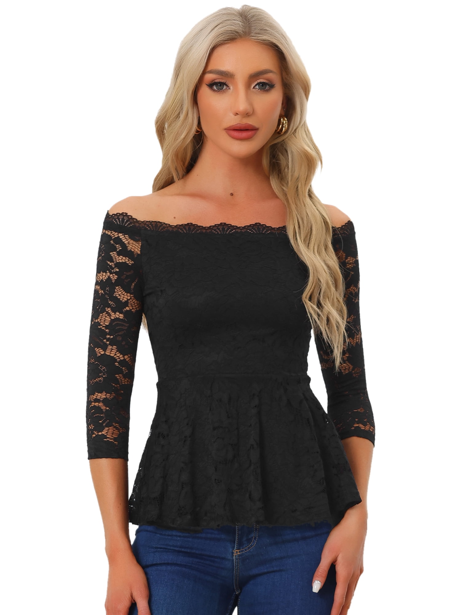 DARING DIVA Lace Off the Shoulder Sheer Peplum Blouse Top S Black
