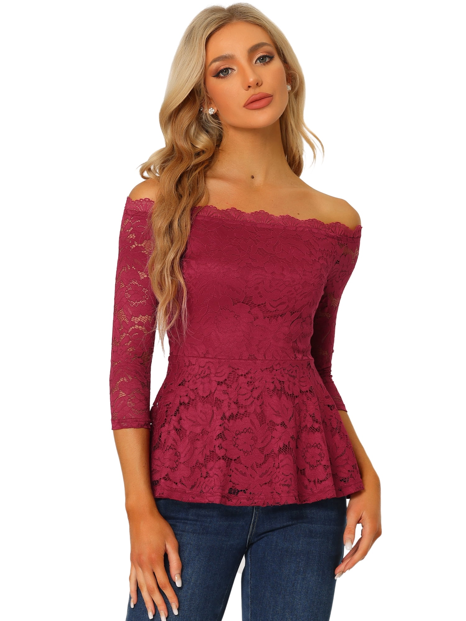DARING DIVA Lace Off the Shoulder Sheer Peplum Blouse Top S Burgundy