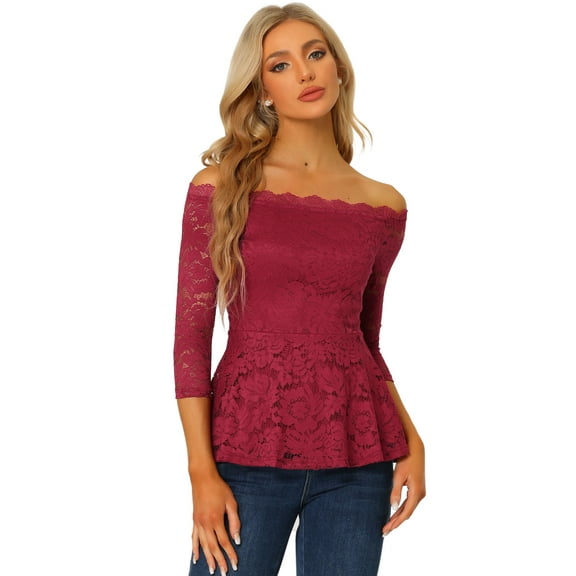 DARING DIVA Lace Off the Shoulder Sheer Peplum Blouse Top S Burgundy