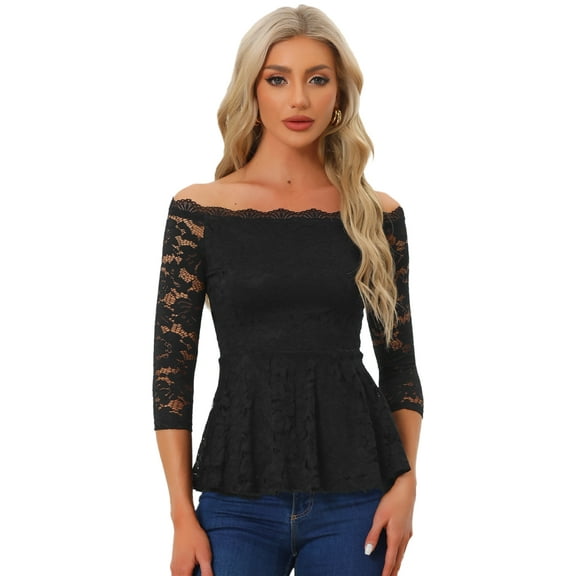 DARING DIVA Lace Off the Shoulder Sheer Peplum Blouse Top XL Black