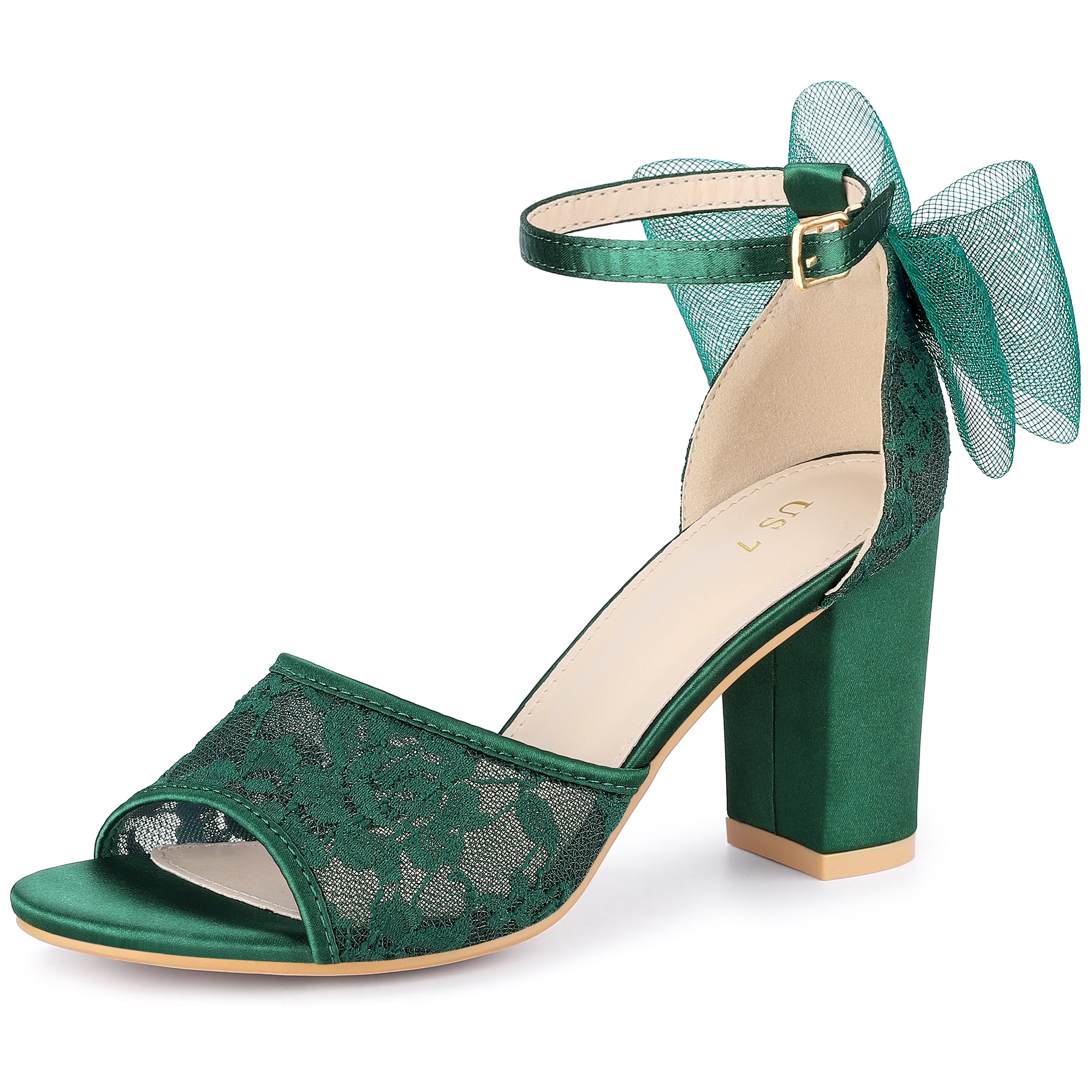 DARING DIVA Lace Open Toe Bow Ankle Strap Block Heel Sandals for Women Dark Green 8.5