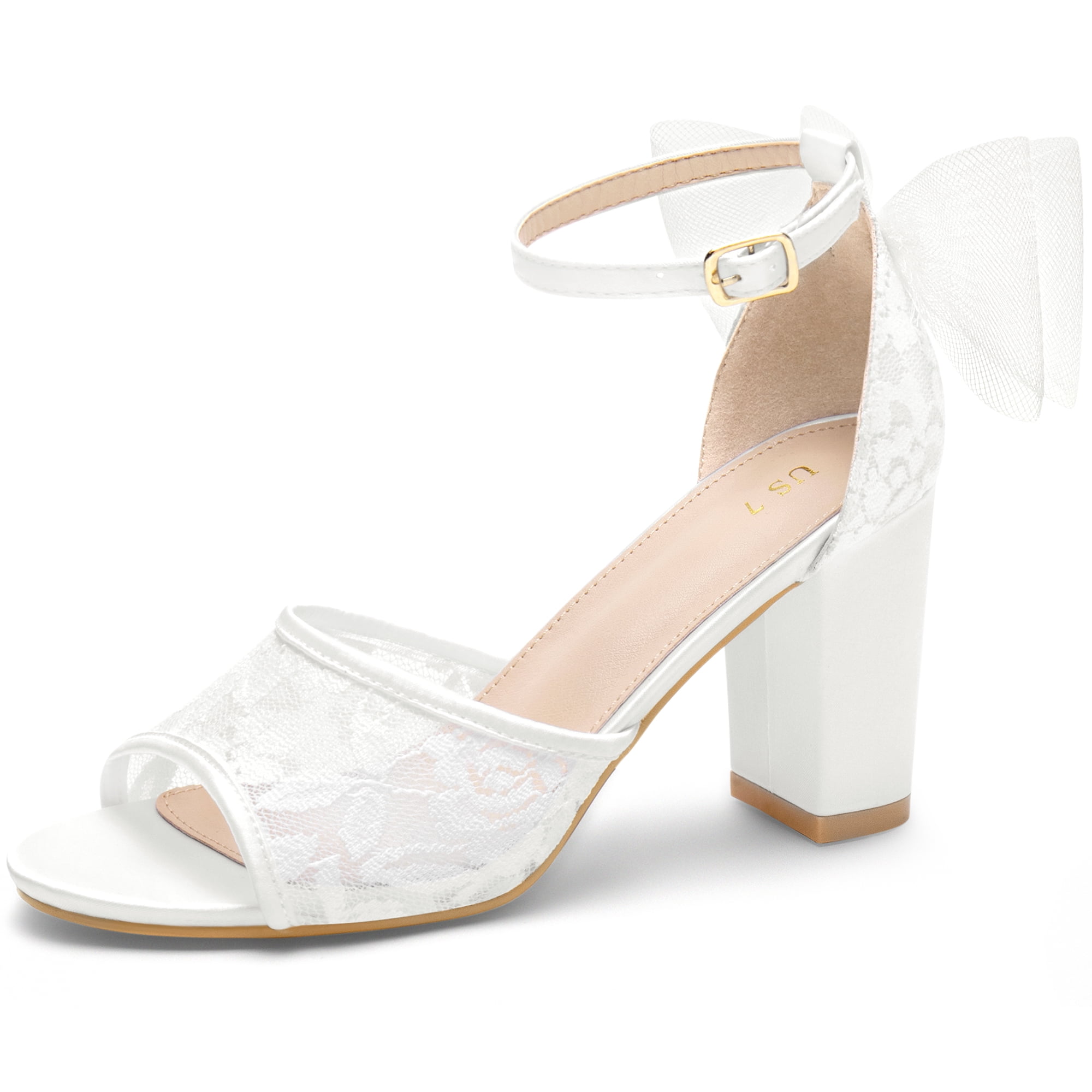 DARING DIVA Lace Open Toe Bow Ankle Strap Block Heel Sandals for Women White 6.5