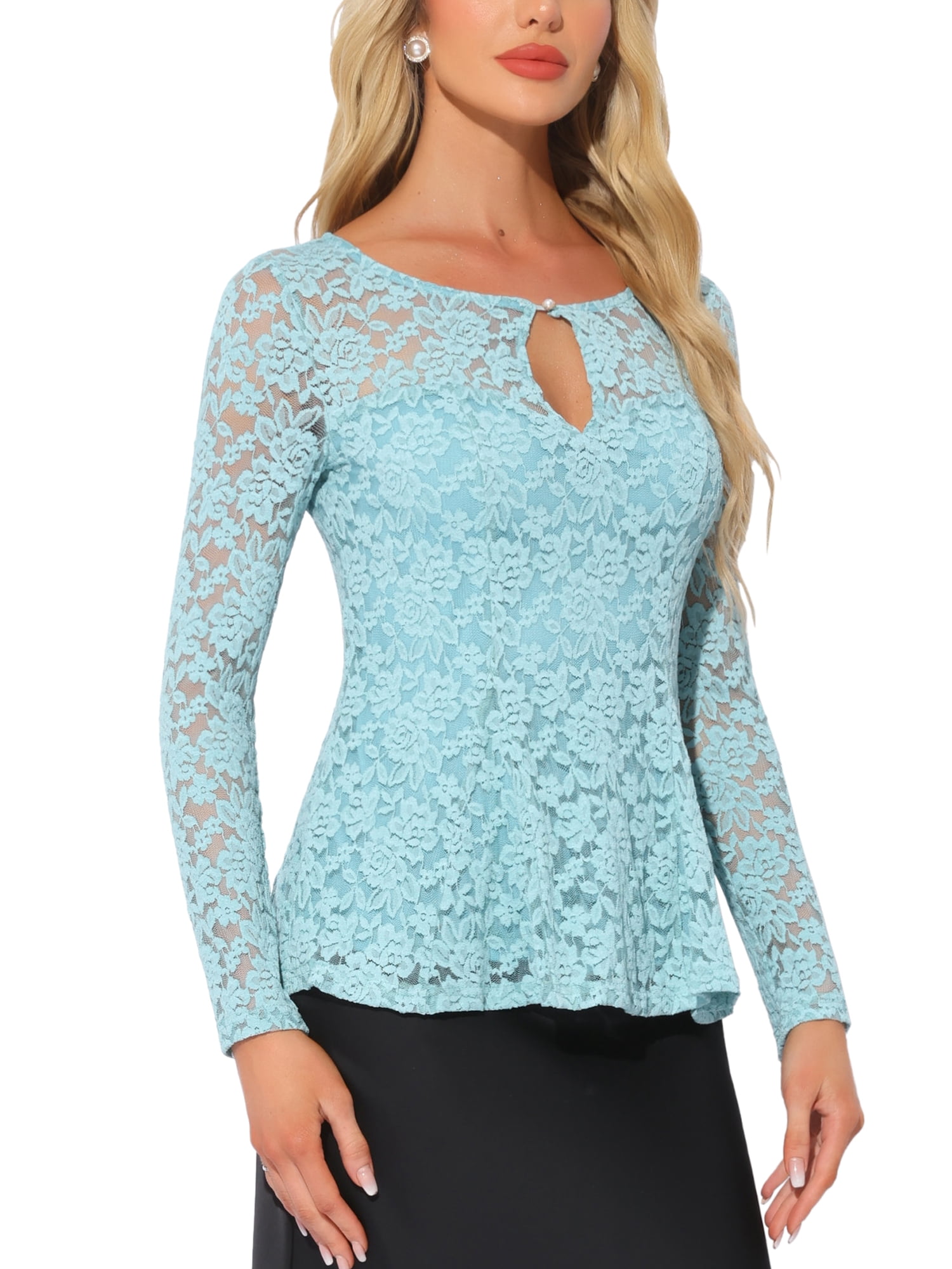 DARING DIVA Lace Peplum Round Neck Elegant Blouse L Gray Blue