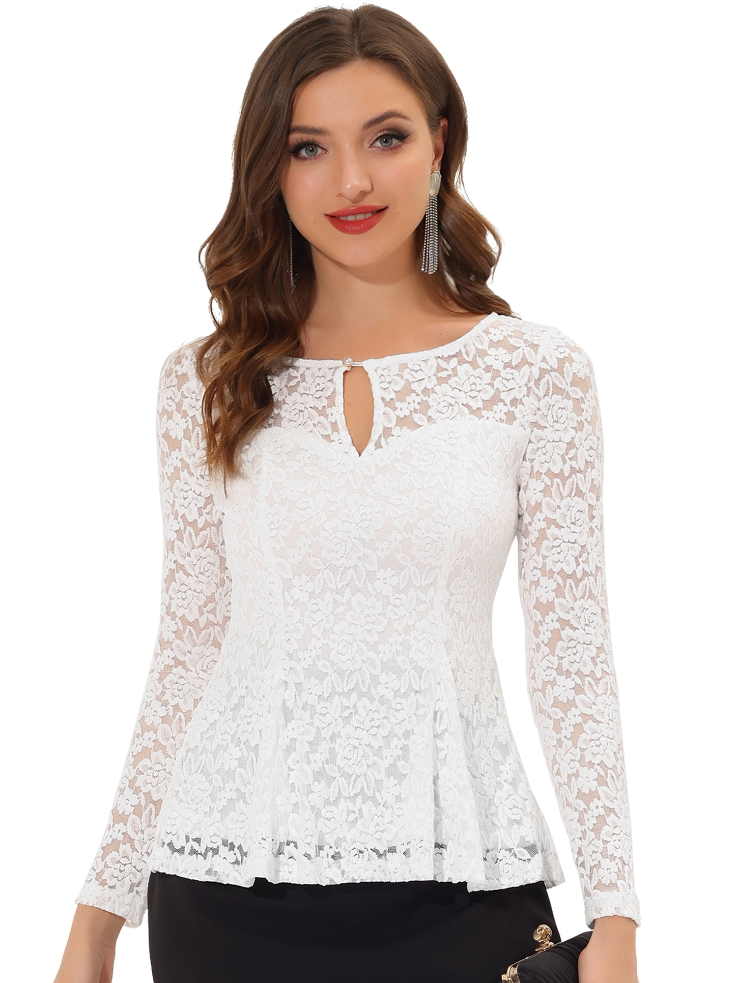 DARING DIVA Lace Peplum Tops Elegant Floral Lace Blouse L White
