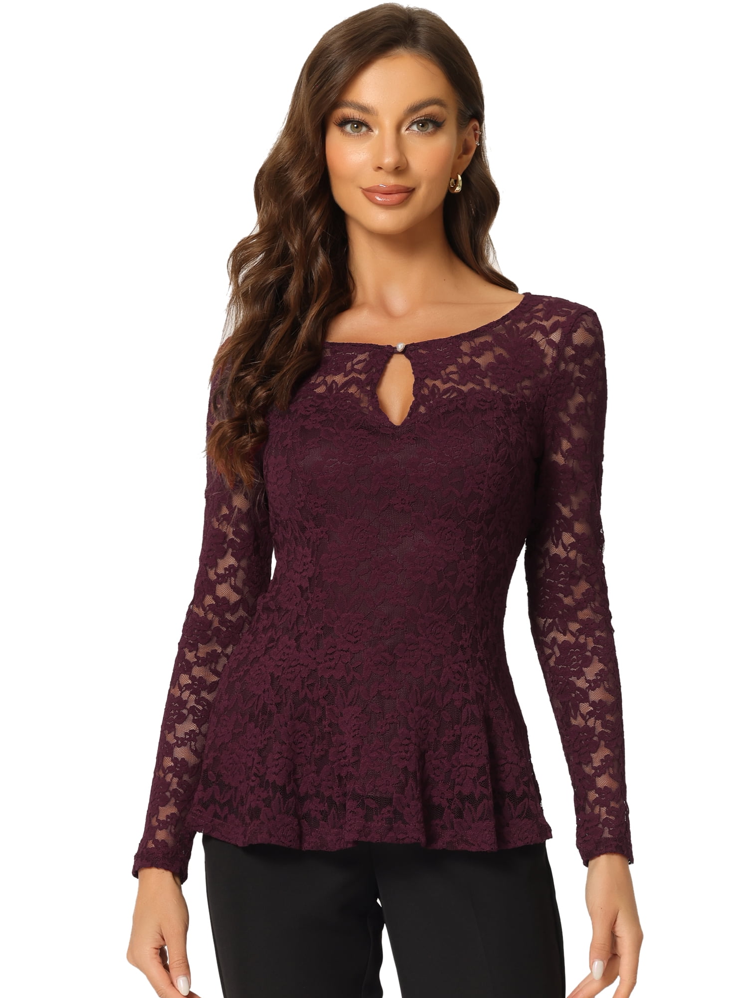 DARING DIVA Lace Peplum Tops Elegant Floral Lace Blouse M Purplish Red