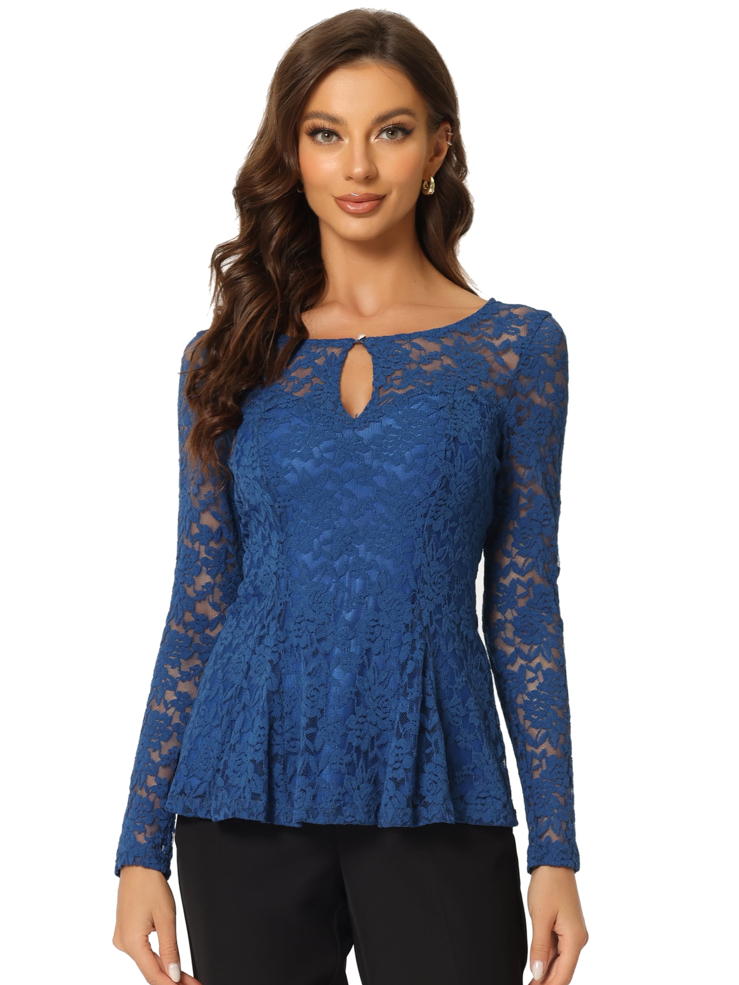 DARING DIVA Lace Peplum Tops Elegant Floral Lace Blouse M Royal Blue