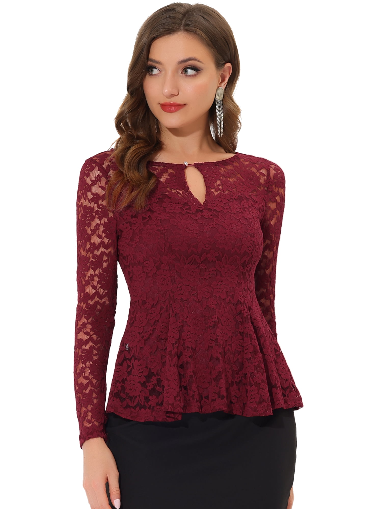 DARING DIVA Lace Peplum Tops Elegant Floral Lace Blouse S Burgundy