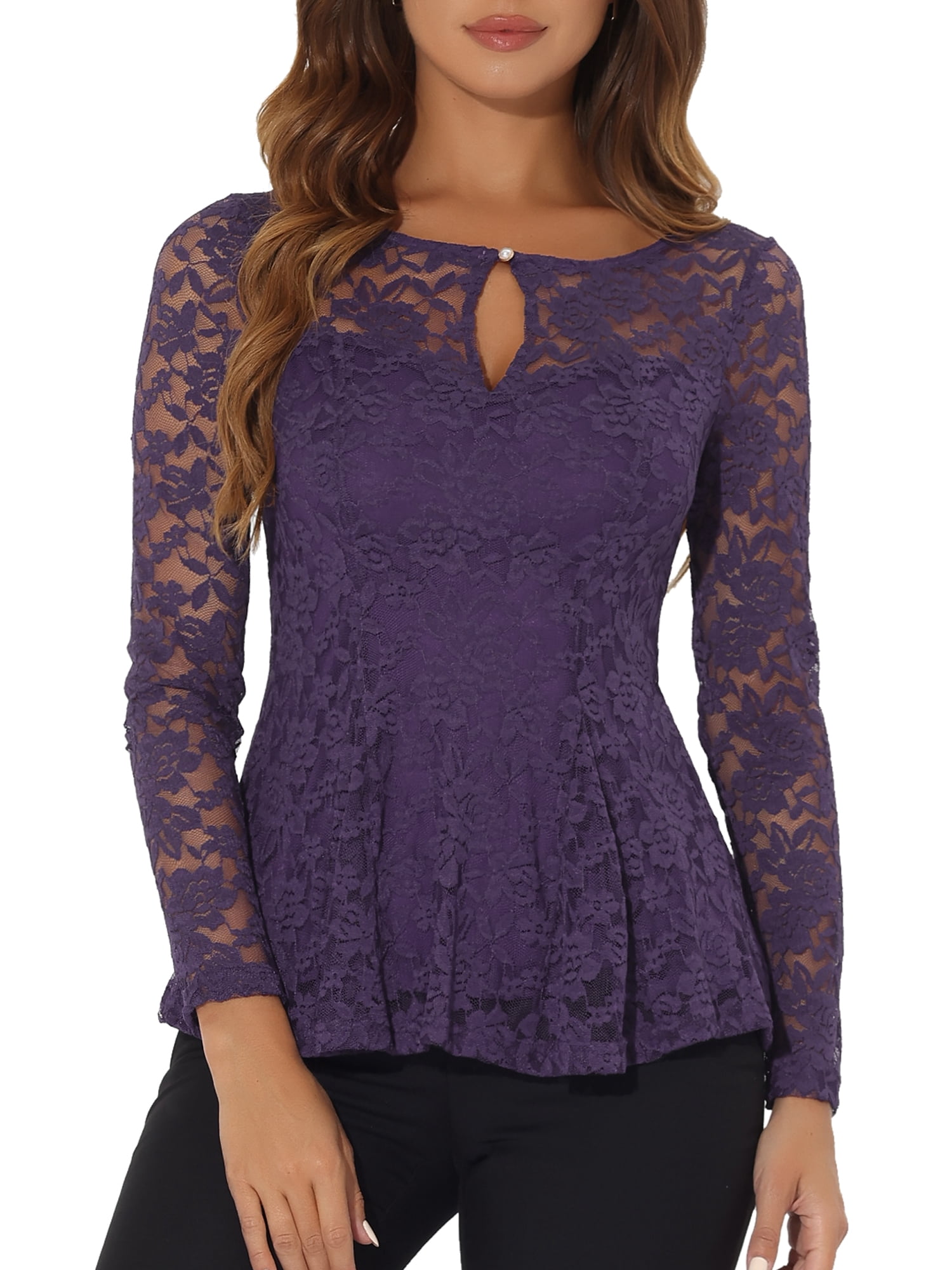 DARING DIVA Lace Peplum Tops Elegant Floral Lace Blouse S Purple