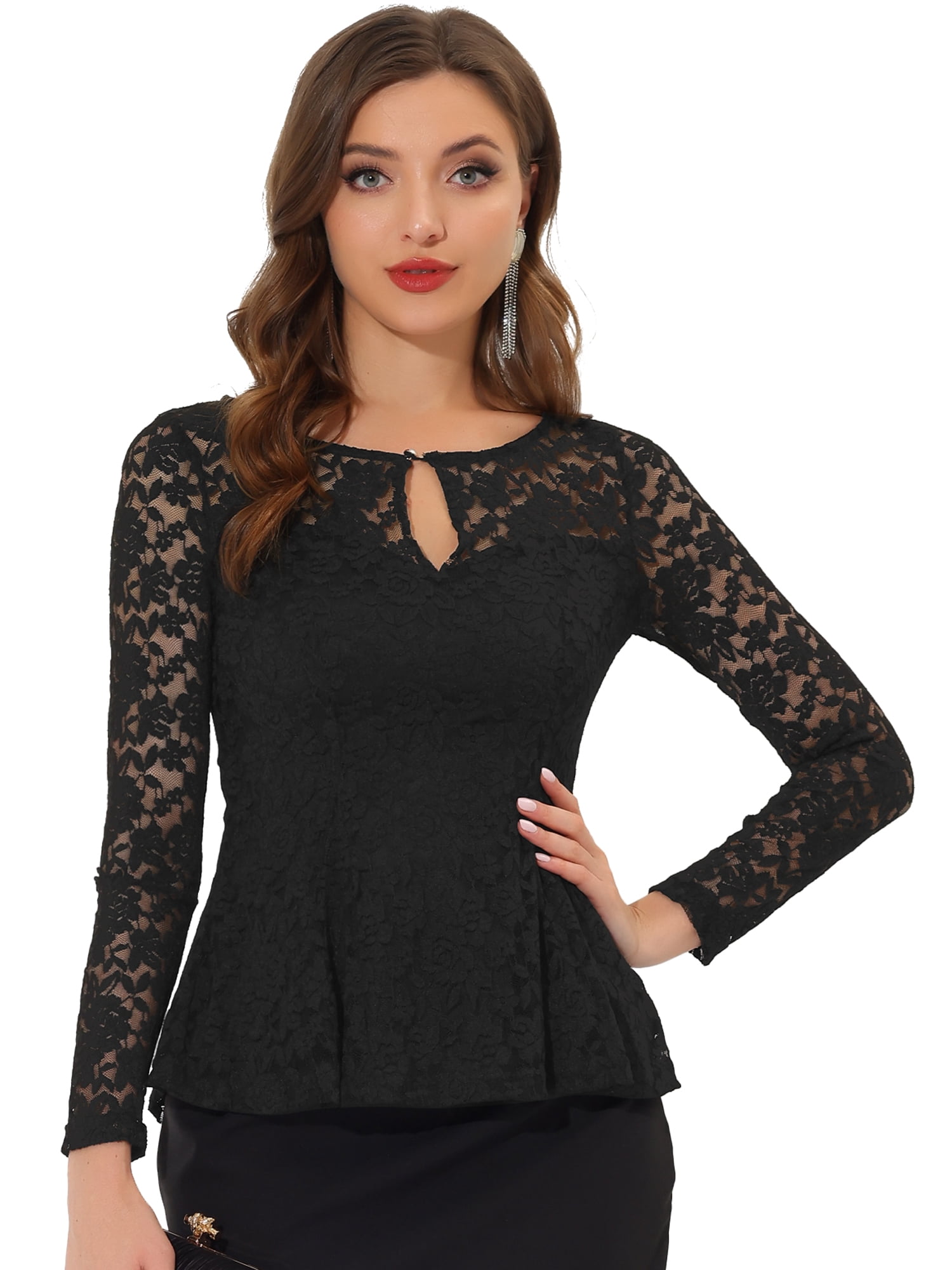 DARING DIVA Lace Peplum Tops Elegant Floral Lace Blouse XL Black