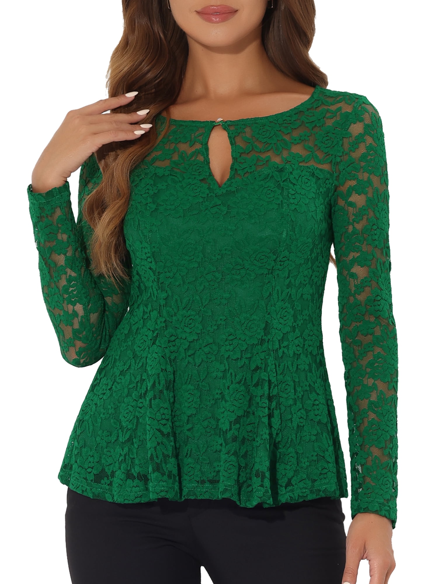 DARING DIVA Lace Peplum Tops Elegant Floral Lace Blouse XL Green