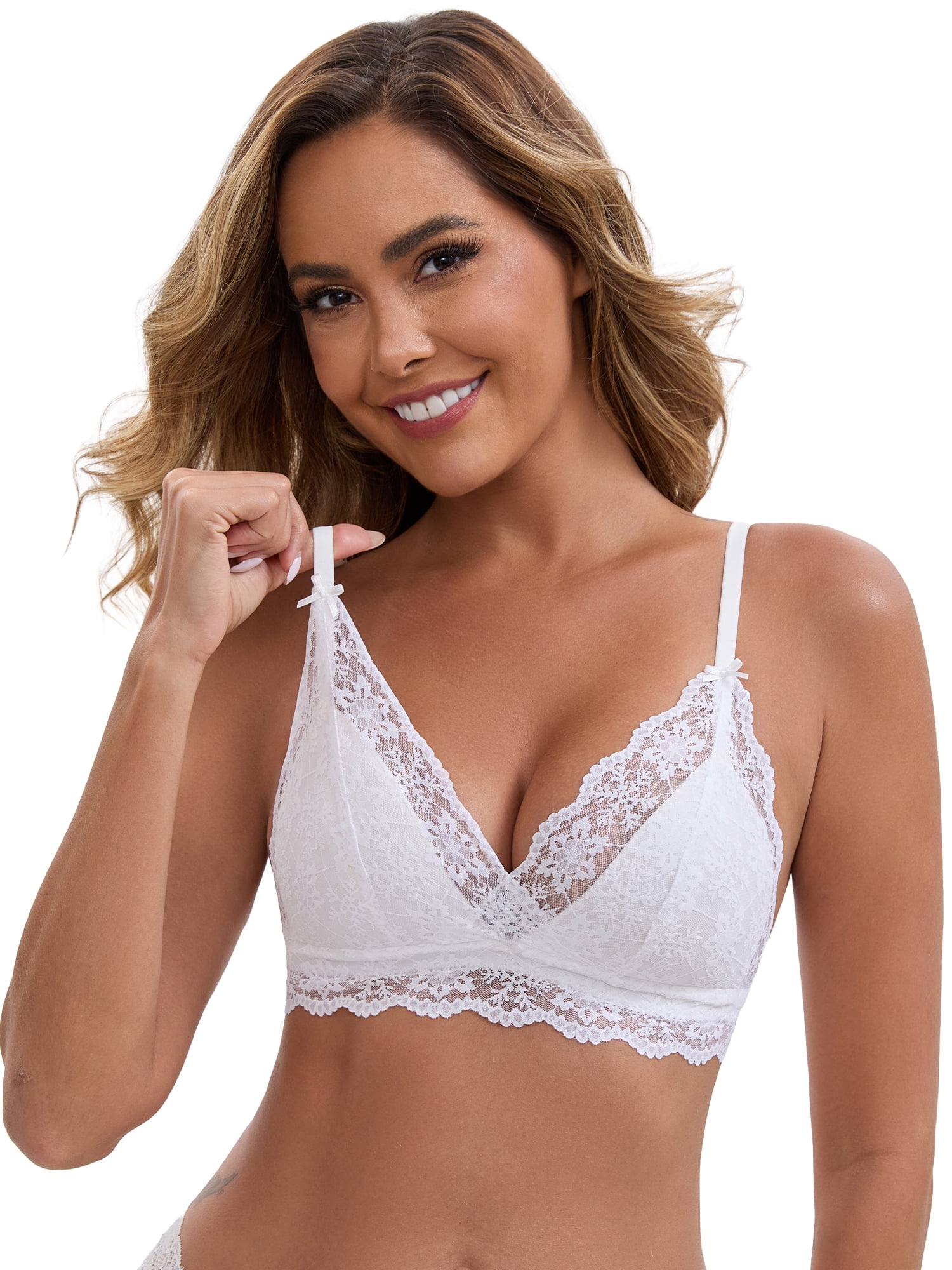 DARING DIVA Lace Plunge Wireless Bra Adjustable Spaghetti Straps 34B White