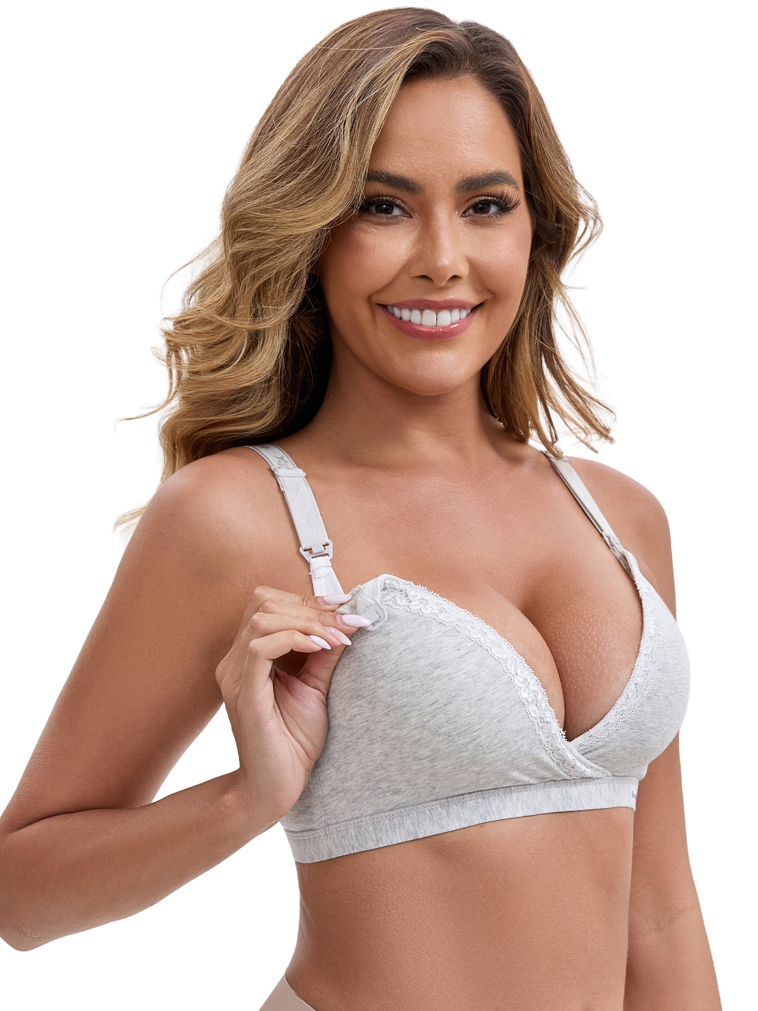 DARING DIVA Lace Trim Nursing Bra Deep V Crossover Adjustable Straps S Gray