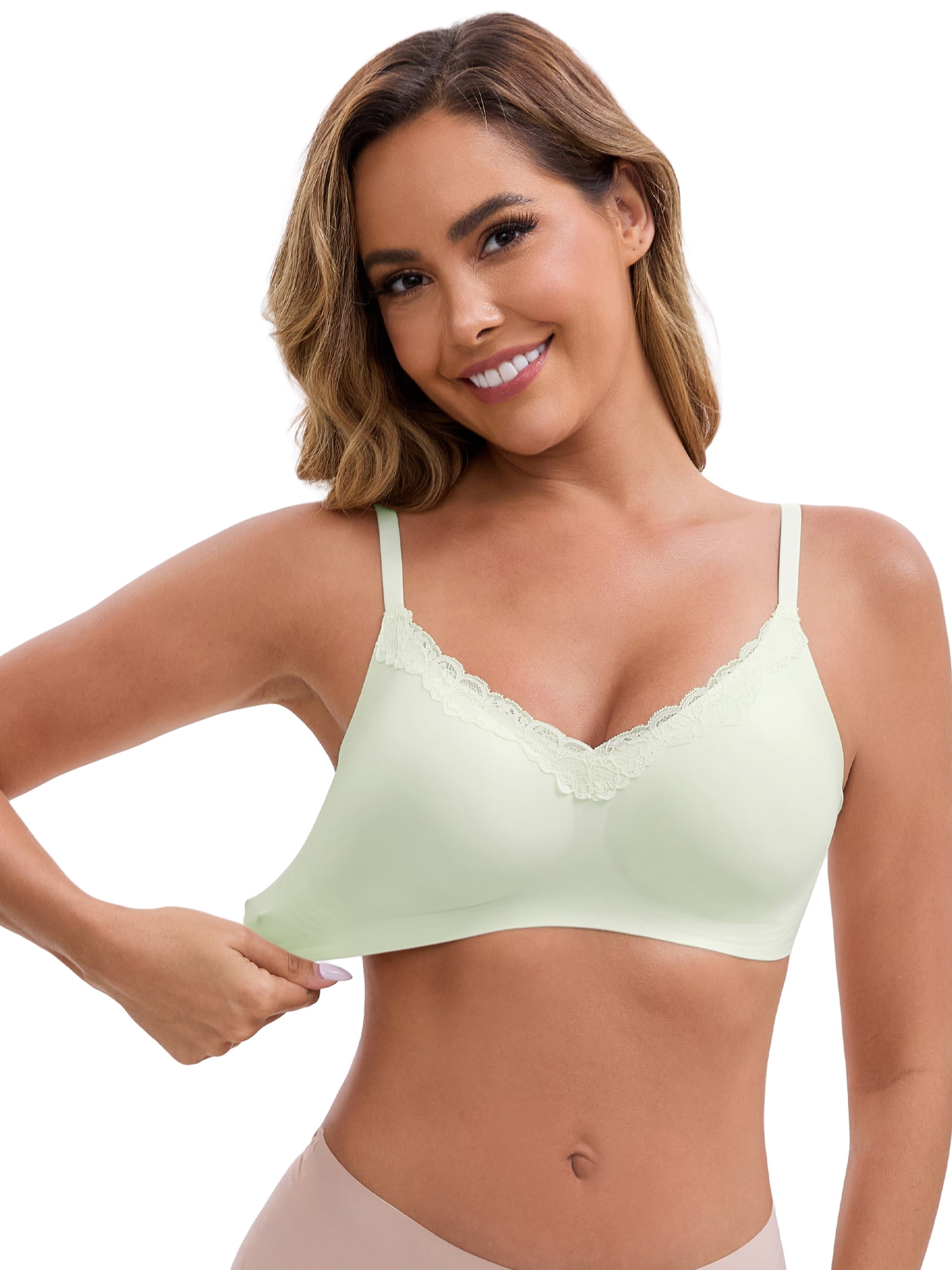 DARING DIVA Lace Trim V-Neck Wireless Bra Adjustable Spaghetti Straps Lift Up M Green