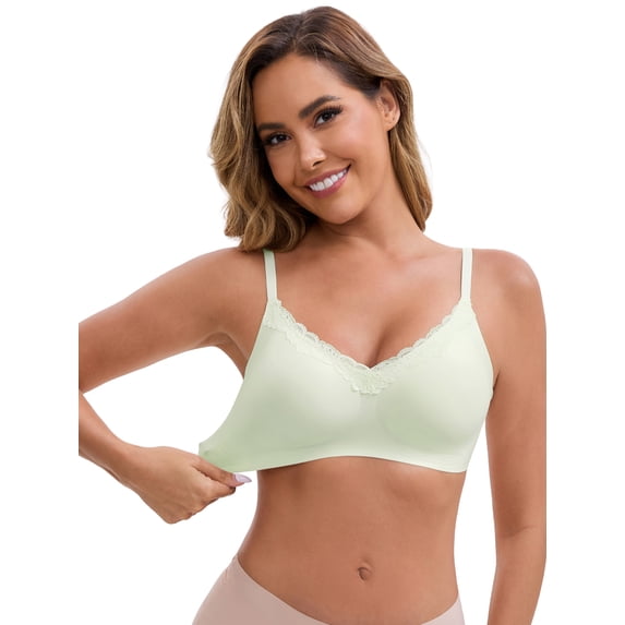 DARING DIVA Lace Trim V-Neck Wireless Bra Adjustable Spaghetti Straps Lift Up S Green