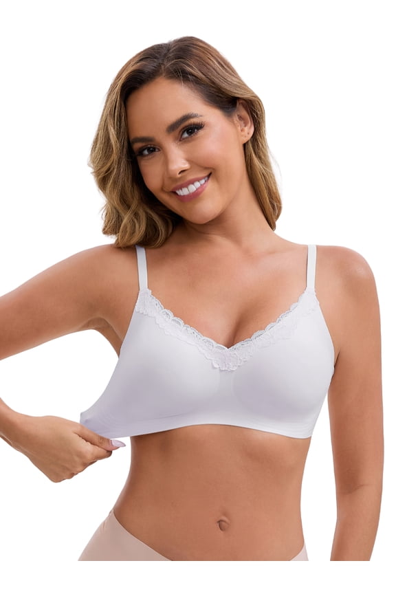 Lace Trim Wireless Bra Adjustable Spaghetti Straps Lift Up M Light Purple