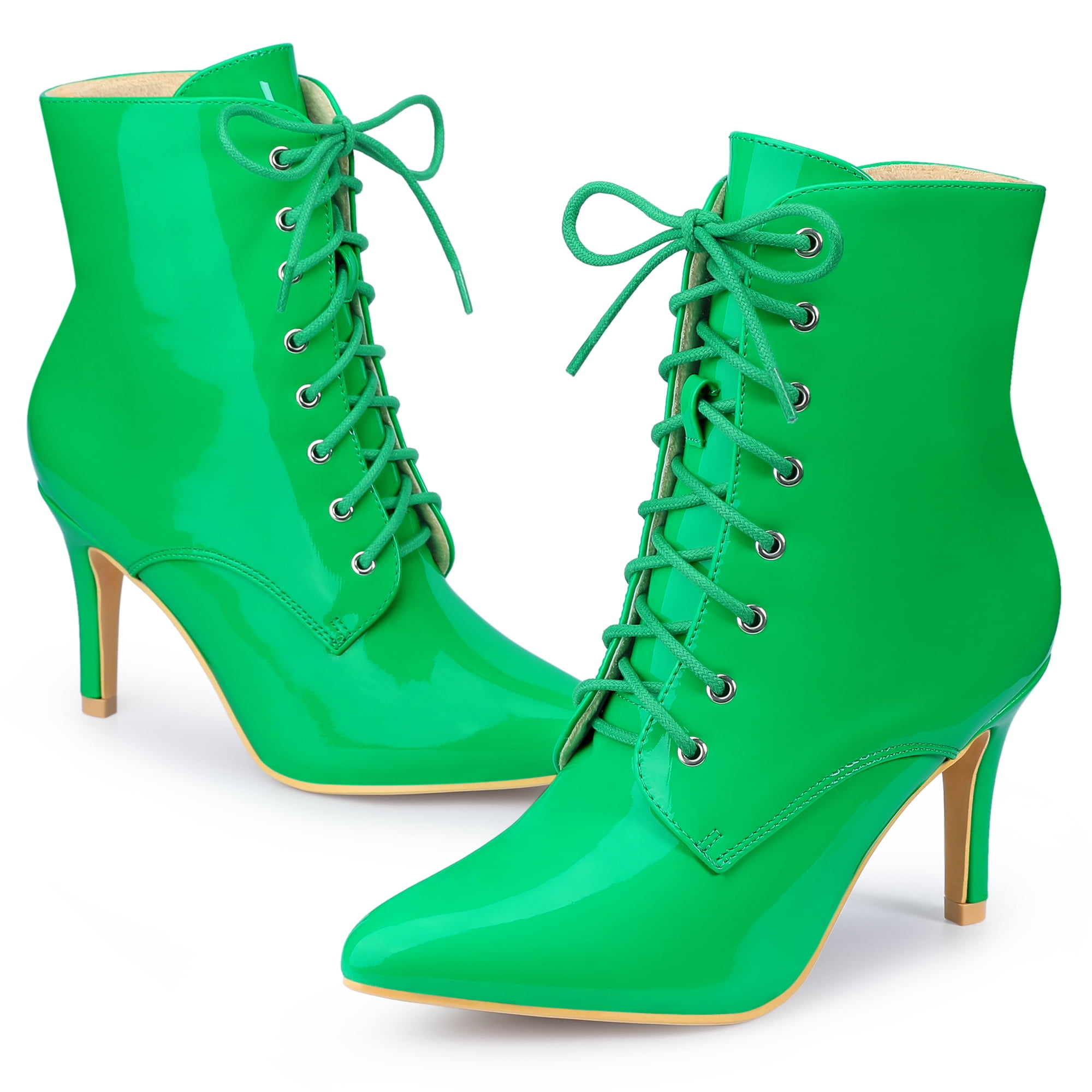 DARING DIVA Lace Up Pointed Toe and Stiletto Heel Boots Grass Green 9