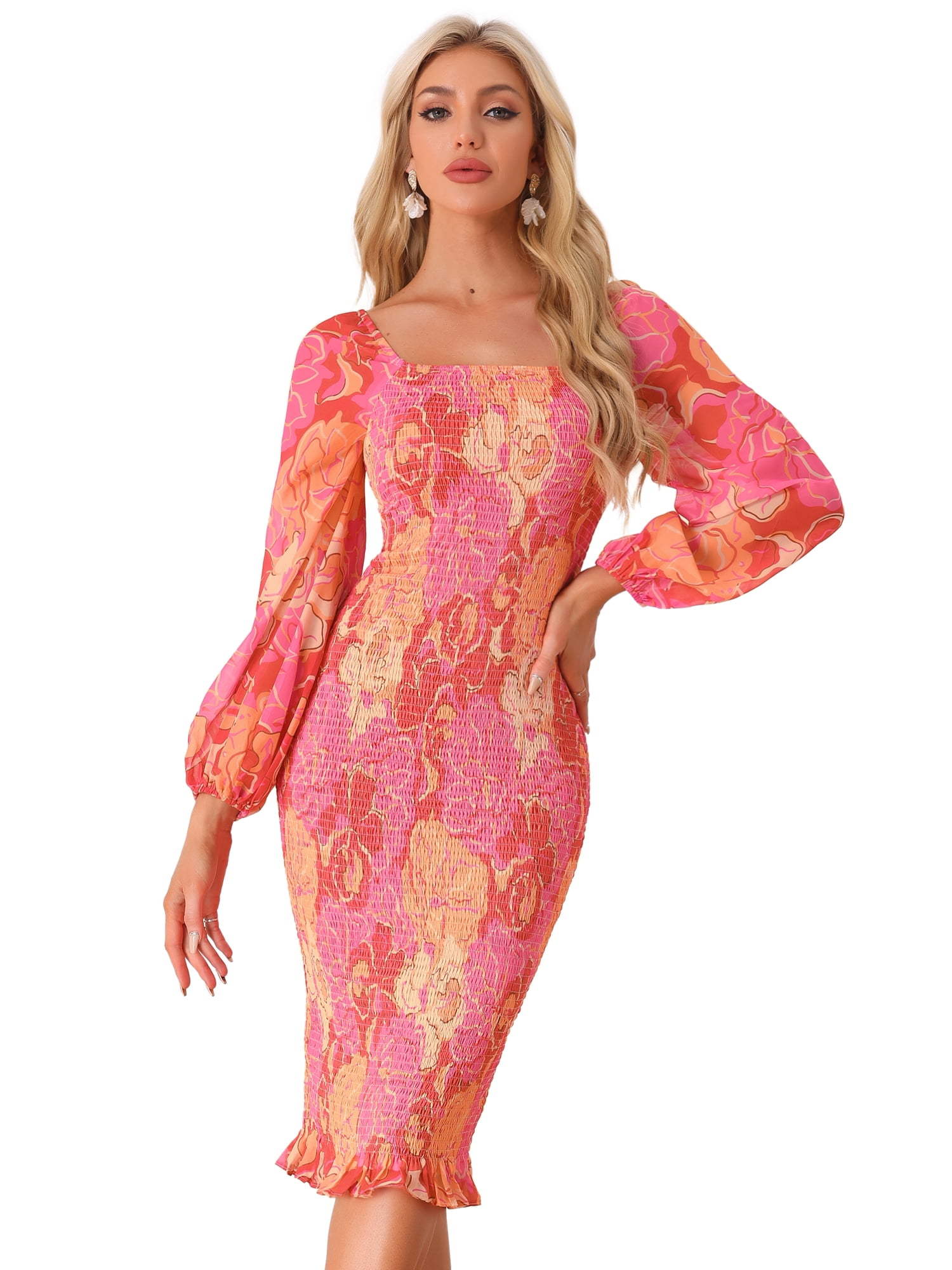 DARING DIVA Lantern Sleeves Smocked Dress XL Pink
