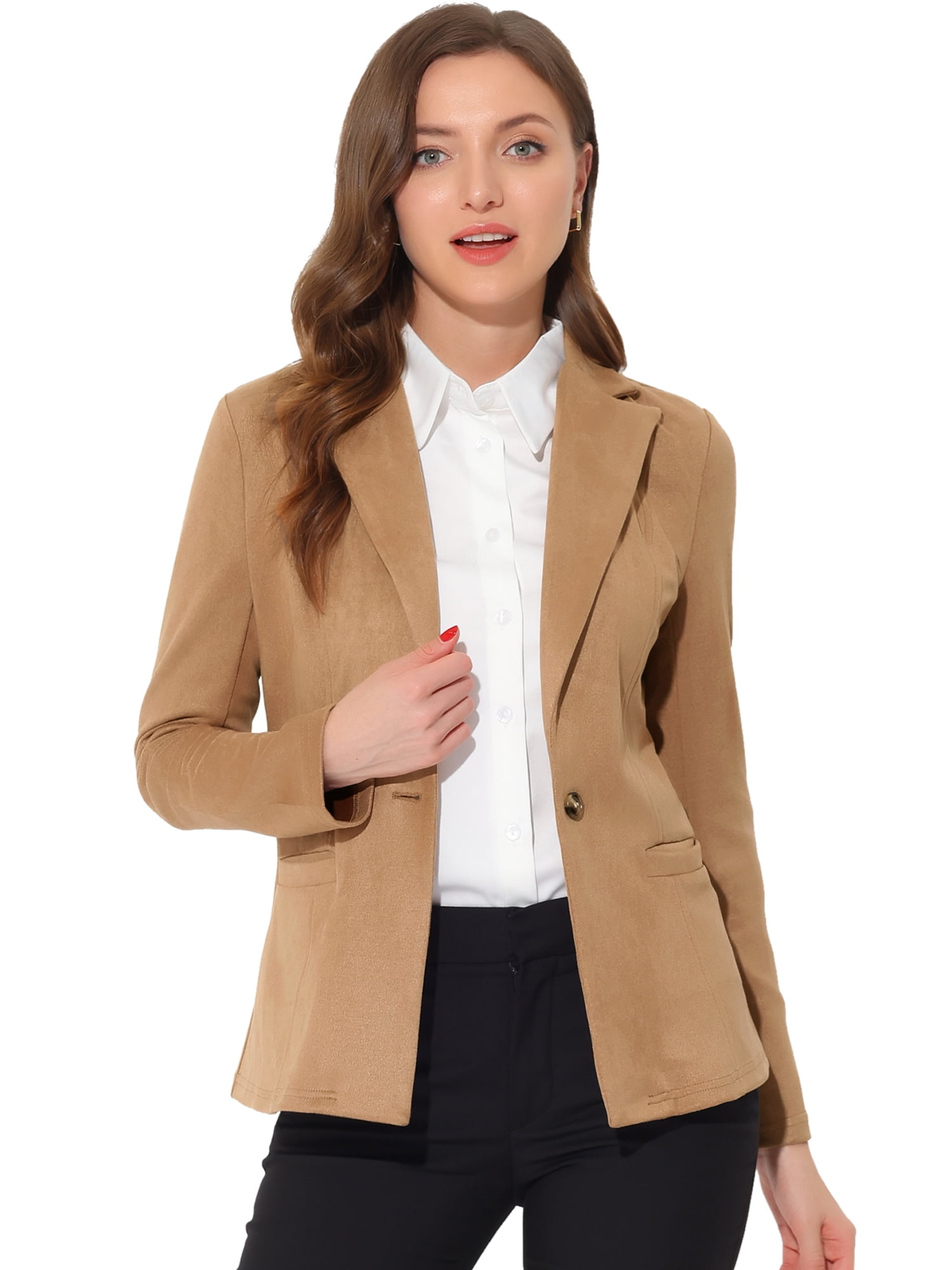 DARING DIVA Lapel Collar Long Sleeve Faux Suede Blazer 3XL Khaki