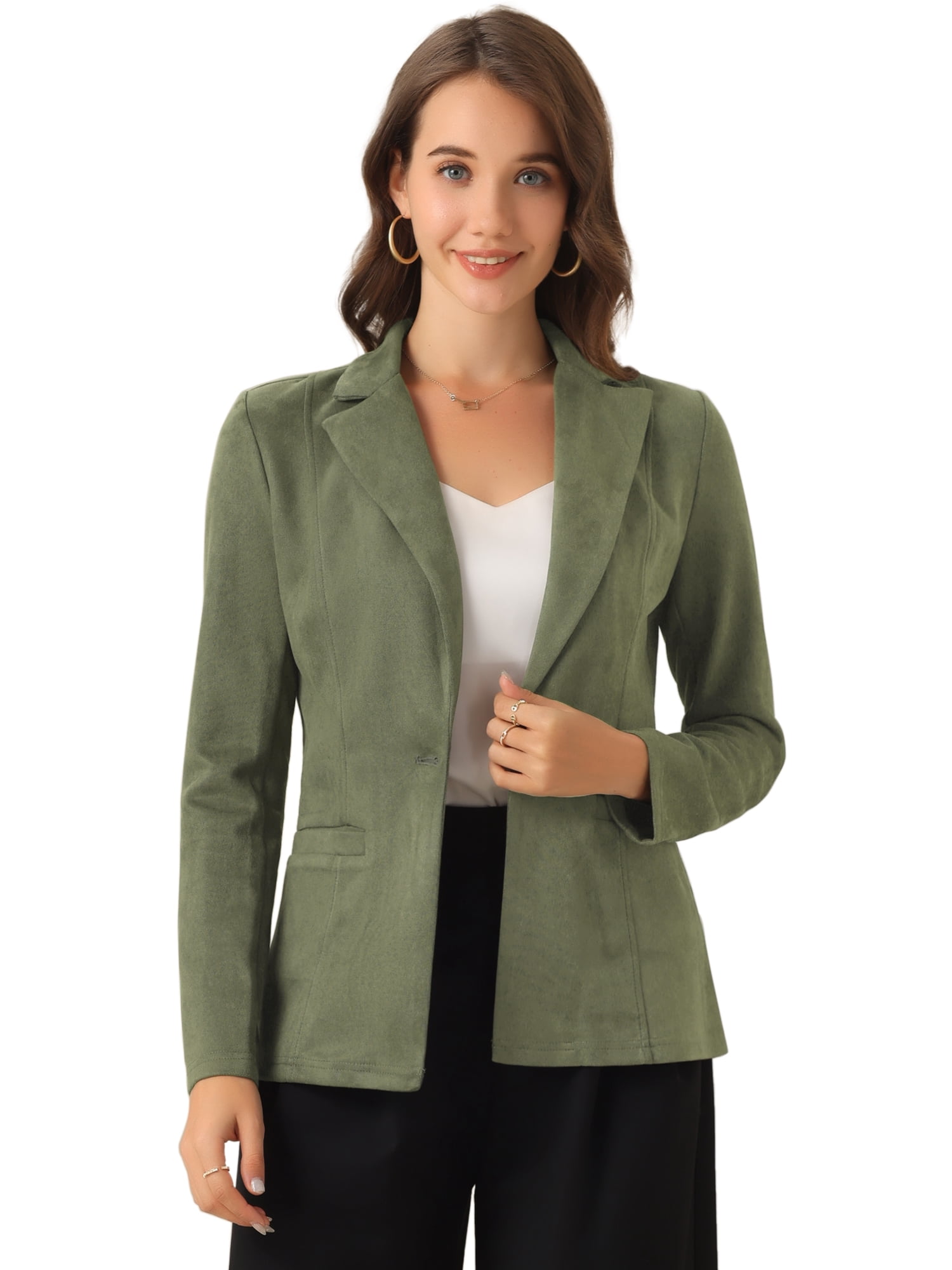 DARING DIVA Lapel Collar Long Sleeve Faux Suede Blazer L Army Green