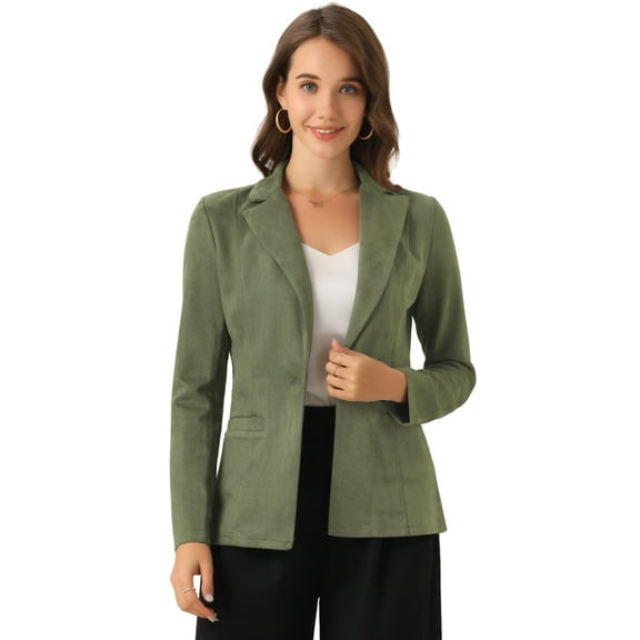 DARING DIVA Lapel Collar Long Sleeve Faux Suede Blazer S Army Green