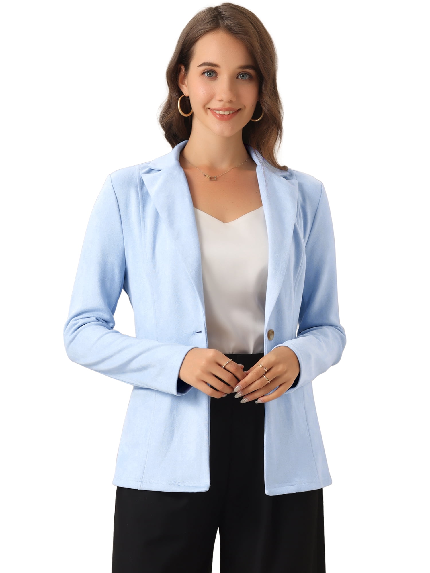 DARING DIVA Lapel Collar Long Sleeve Faux Suede Blazer S Grey Blue