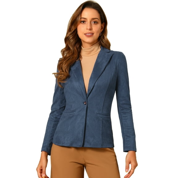 DARING DIVA Lapel Collar Long Sleeve Faux Suede Blazer S Navy Blue