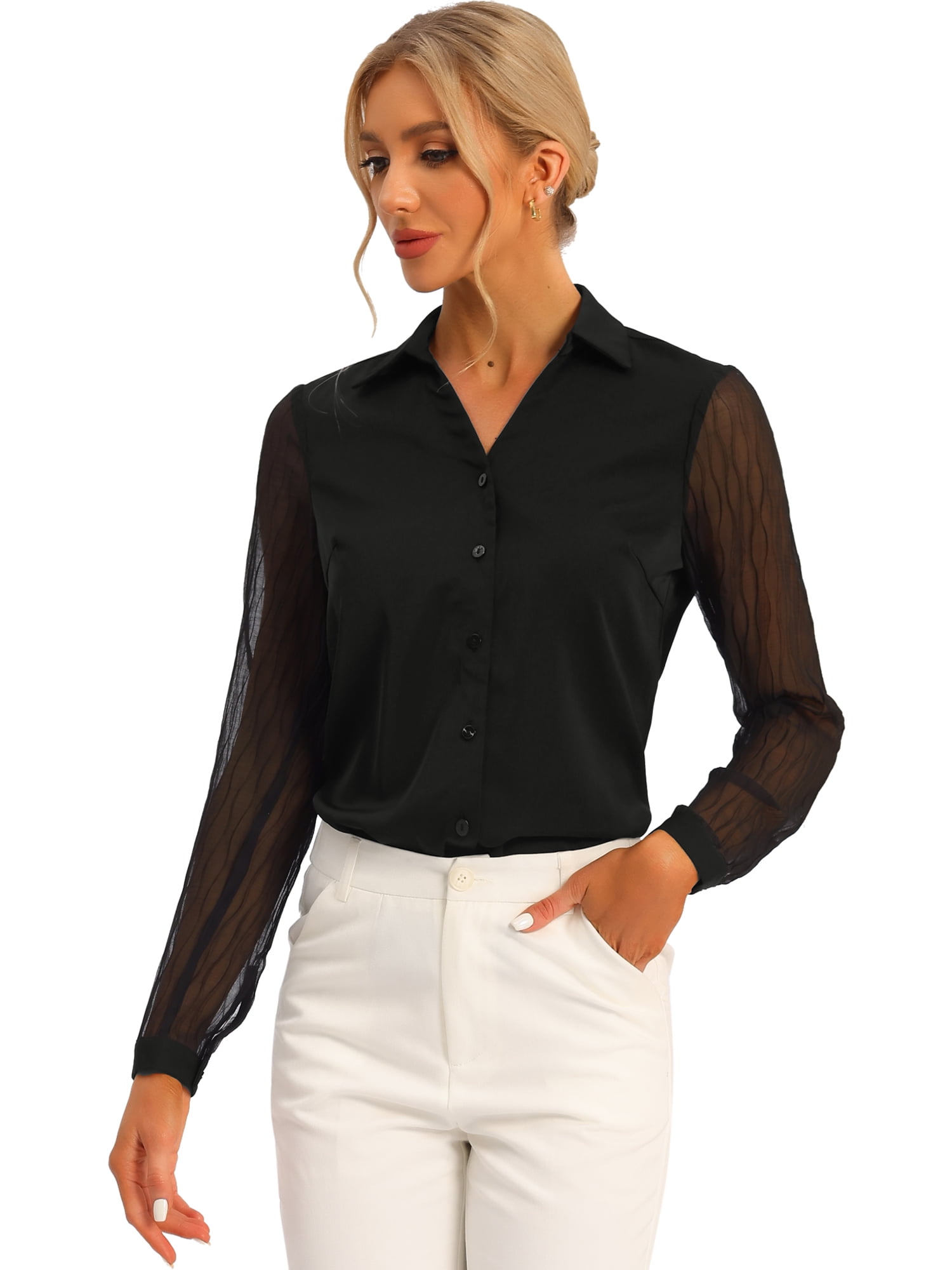 DARING DIVA Lapel Collar Mesh Panel Lantern Blouse L Black
