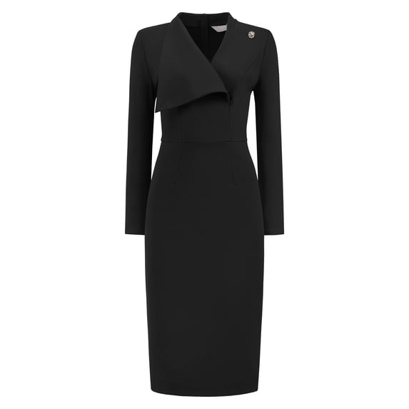 DARING DIVA Women's Elegant Pencil Dress Lapel V Neck Long Sleeve Dress S Black