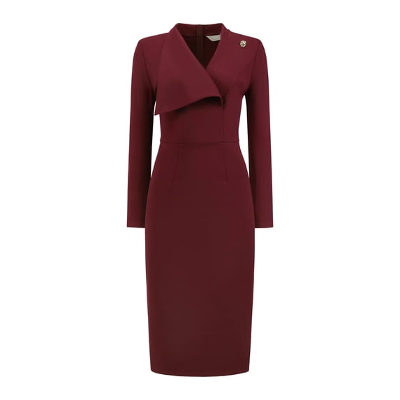 DARING DIVA Women's Elegant Pencil Dress Lapel V Neck Long Sleeve Dress XL Dark Red