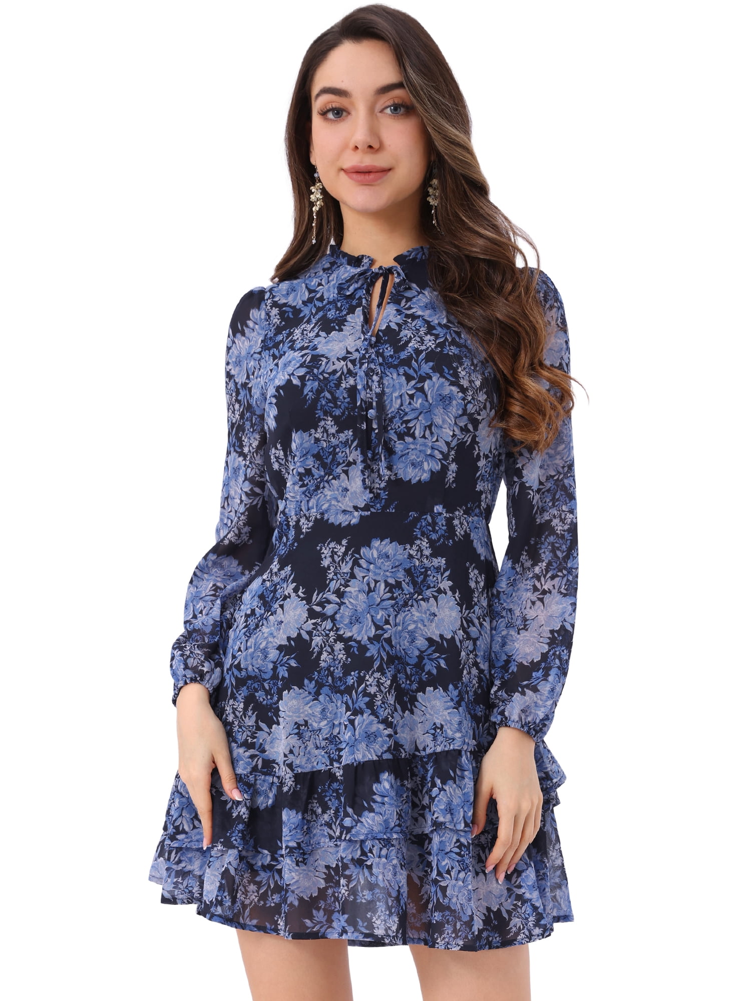 DARING DIVA Women's Layered Tiered Semi Sheer Chiffon Mini Dress L Dark Blue Floral